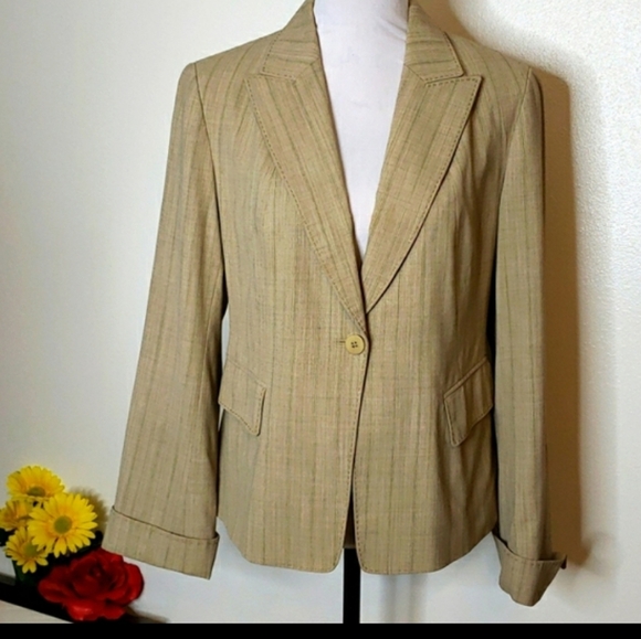 Lafayette 148 New York Tan Stripe Wool Blazer Single Button Office Vintage Luxe - Picture 7 of 12